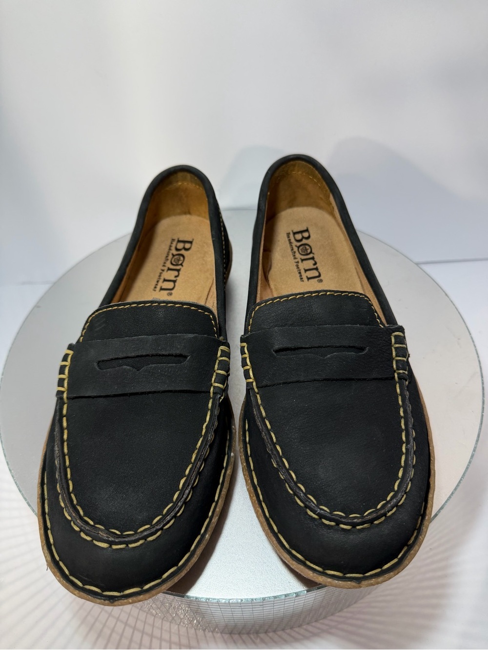 Born Black Leather Penny Loafers with Contrast Stitching size 6.5 new W/out tags